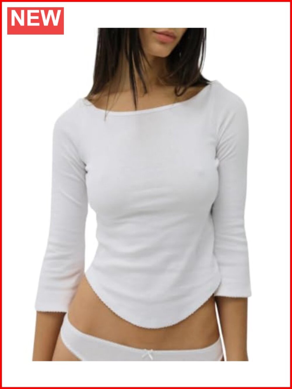 Women Y2K Boat Neck 3/4 Sleeve Curved Hem Crop Top Picot Trim Slim Fit